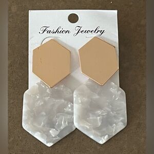 Hexagon Rose Gold and Faux Mother Of Pearl Post Pierced Earrings